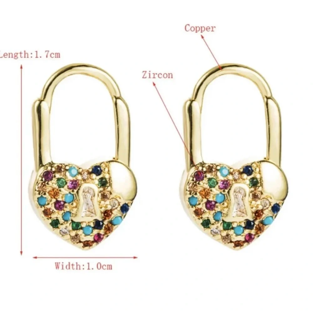 Heart Lock Hoop Earrings Women Plated 18k Gold Multicolor Zircon and Turquoise - Picture 2 of 3